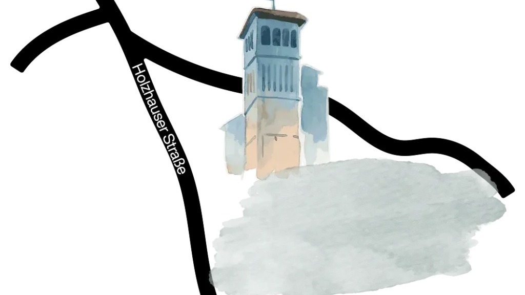 Stilisierte Kartendarstellung der Holzhauser Straße mit einem Kirchturm im Hintergrund