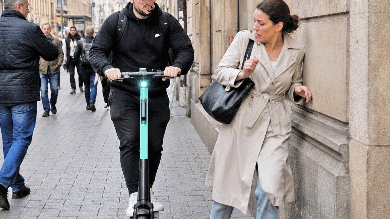 Mann auf E-Scooter fährt vorbei, Frau weicht erschrocken an Hauswand zurück in Stadtfußgängerzone