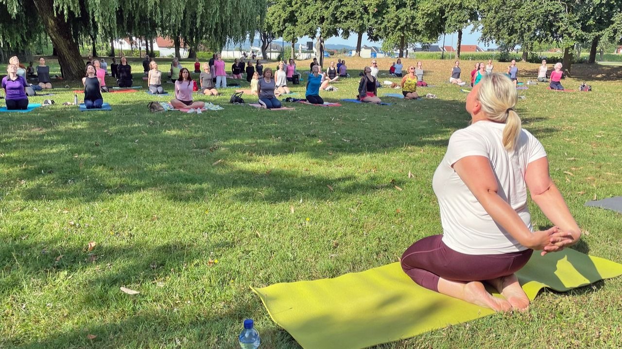 Zahlreiche Frauen machen Yoga auf Matten in einem sonnigen Park, kniend mit Händen hinterm Rücken und Blick nach oben