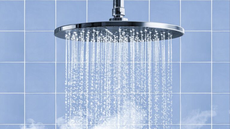 Ein Duschkopf sprüht Wasserstrahlen vor blauen Fliesen und aufsteigendem Dampf
