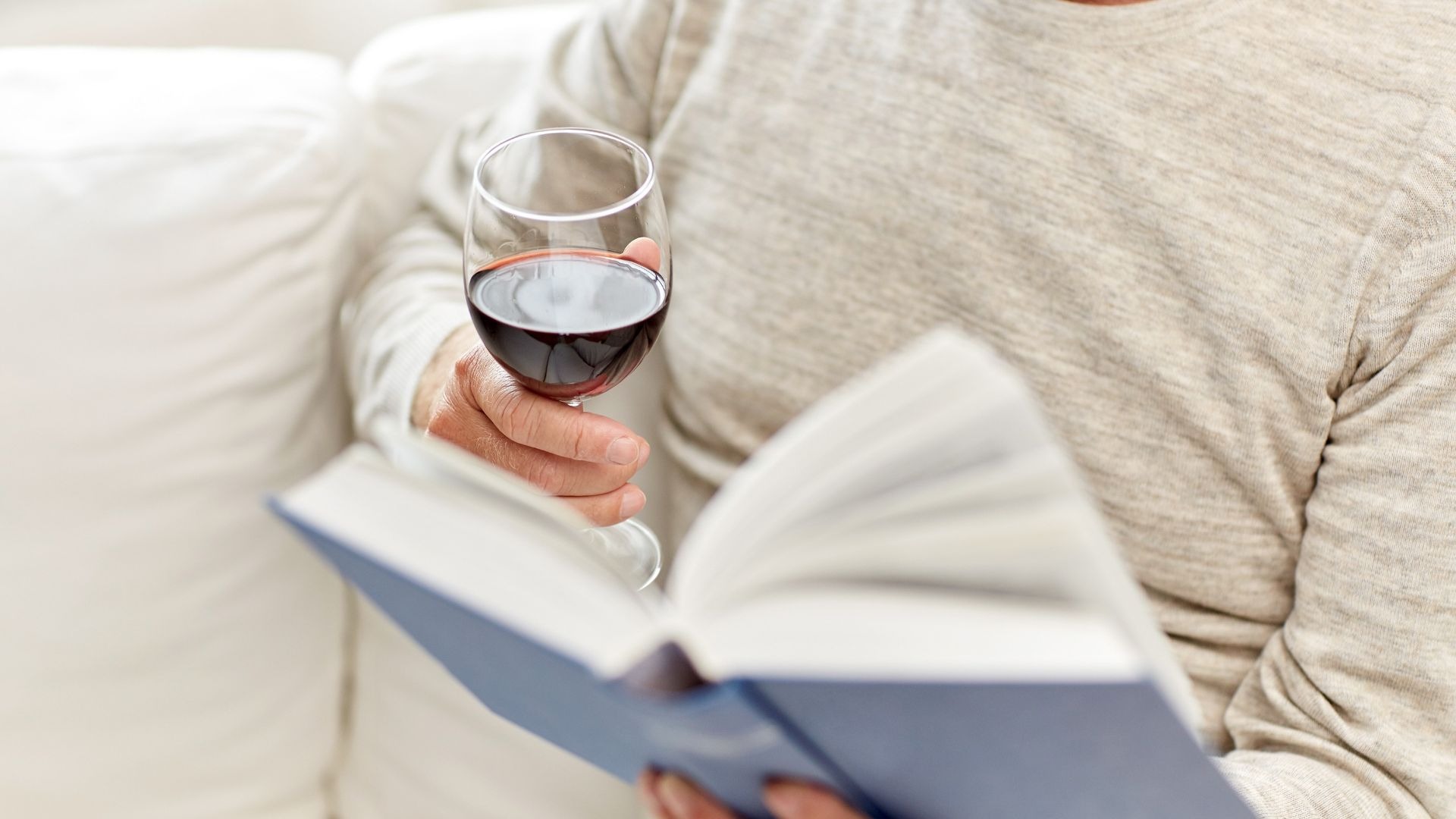 Eine Person hält ein Glas Rotwein und ein geöffnetes blaues Buch, sitzend auf einem weißen Sofa