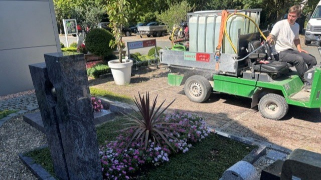Friedhofsgärtner fährt auf grünem Bewässerungsfahrzeug an einem Grab mit Blumen und Grabstein vorbei