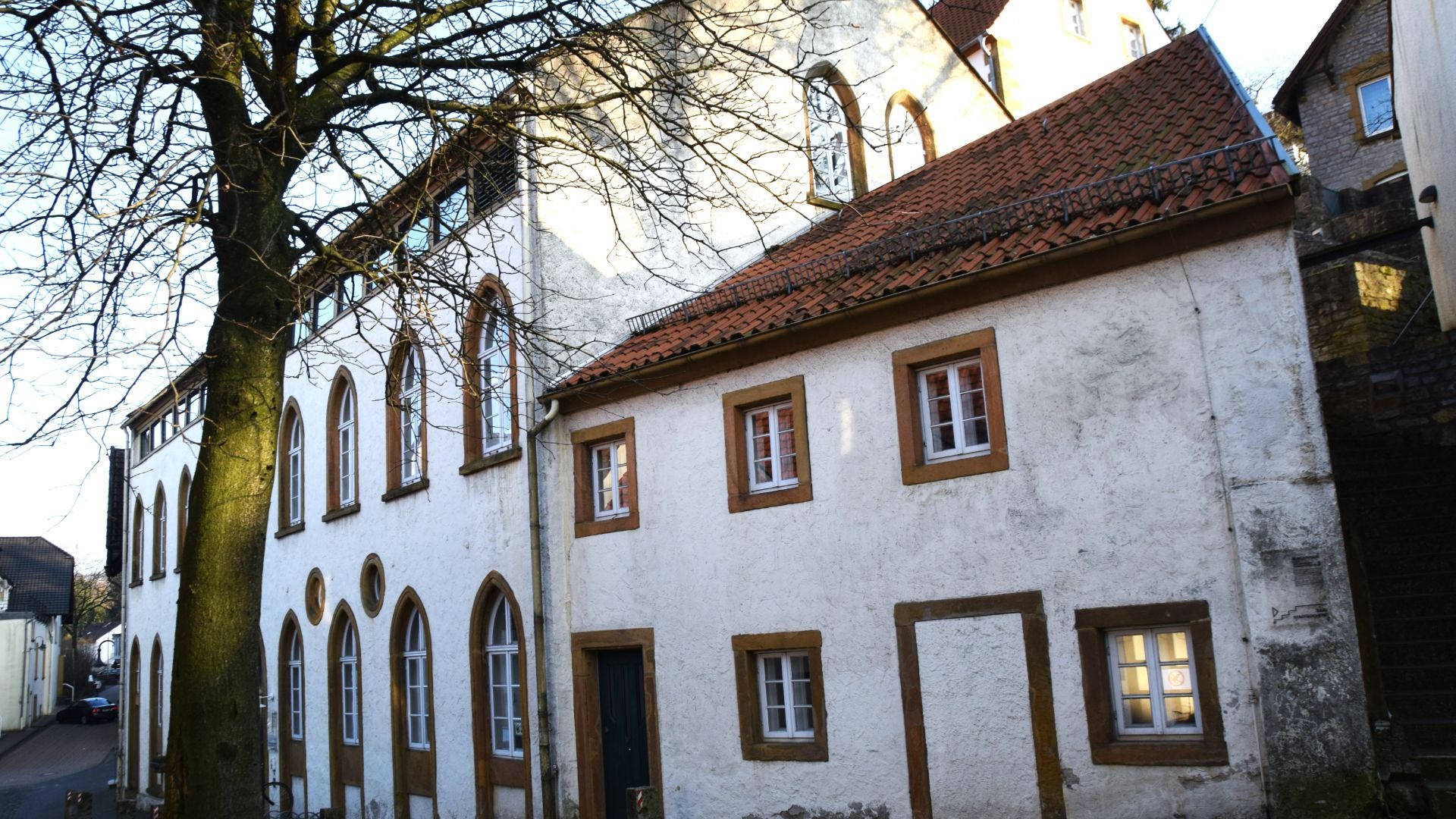 Alter, kahler Baum vor zwei historischen weißen Gebäuden mit roten Ziegeldächern und Rundbogenfenstern in