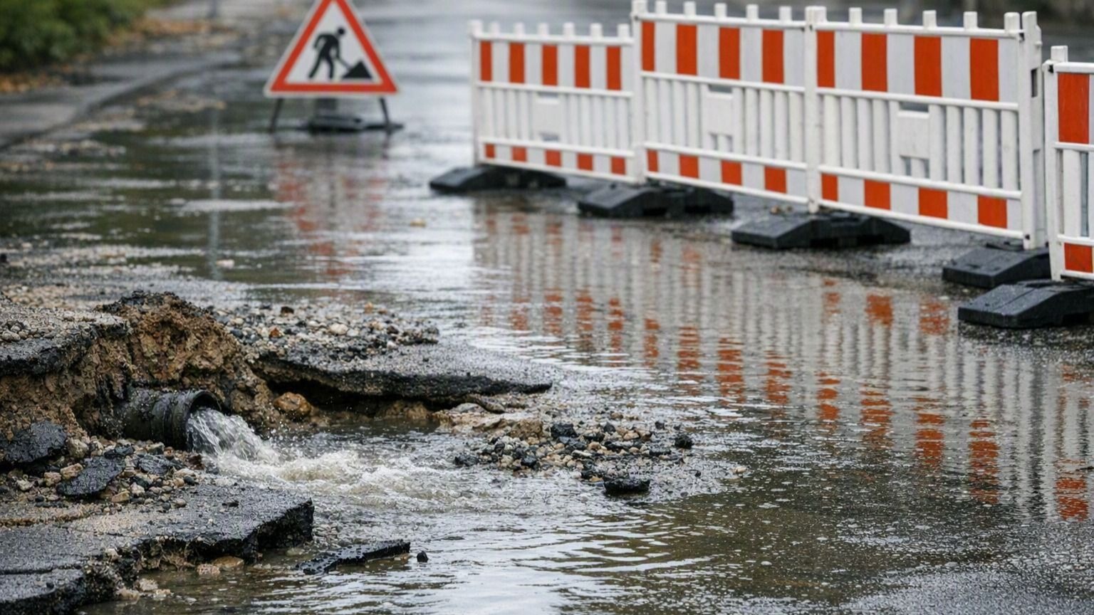 Wasser schießt aus einem defekten Rohr, unterspült Asphalt und überflutet eine gesperrte Straße mit Bauzäunen