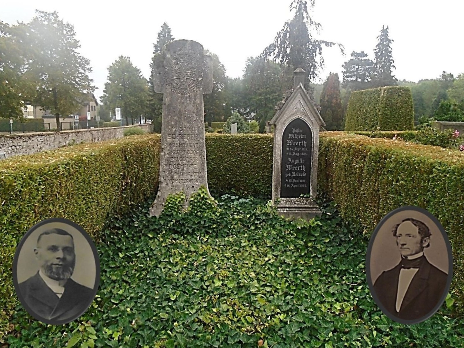 Friedhof mit Kreuzgrabstein, Grabstein für Pastor Weerth und zwei ovalen Porträts von Männern mit Bärten