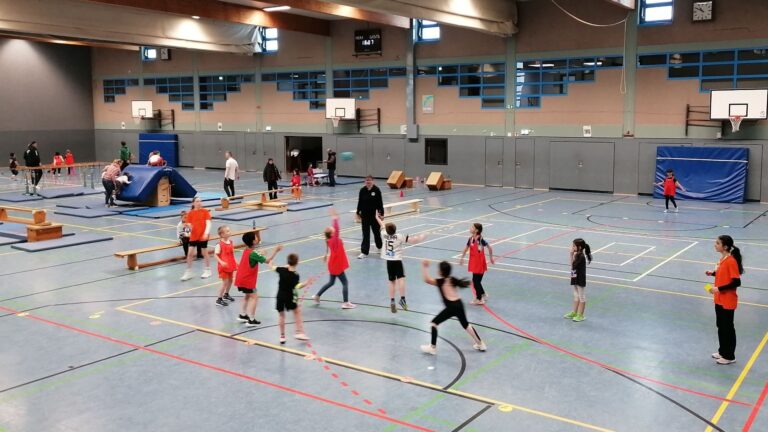 Kinder und Erwachsene beim Handballtraining und Turnen an verschiedenen Geräten in einer Sporthalle
