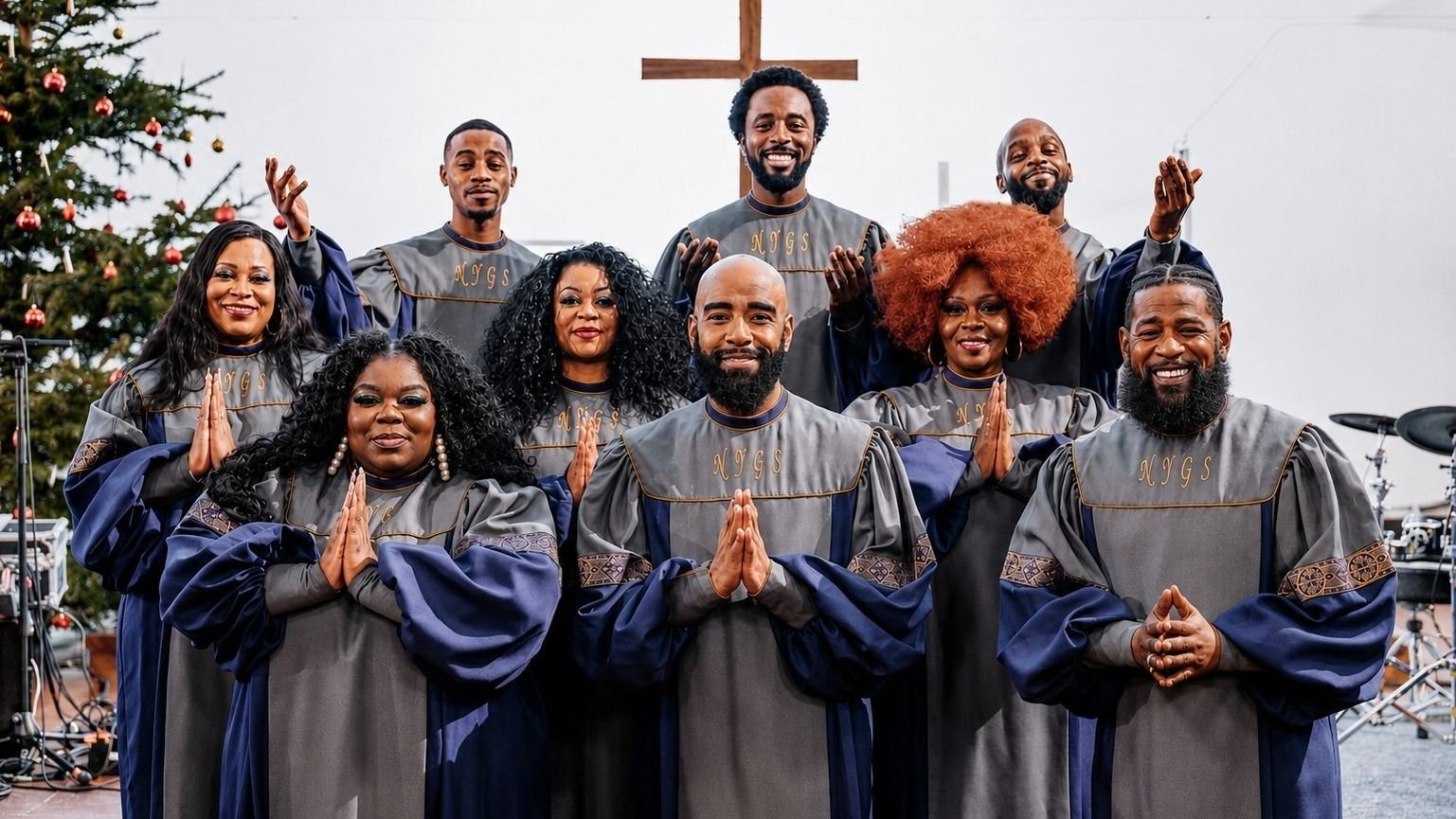 Neun lächelnde Personen der New York Gospel Stars in grauen Roben, manche mit erhobenen oder gefalteten Händen, vor