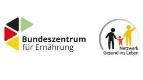Logos Bundeszentrum für Ernährung und Netzwerk Gesund ins Leben mit stilisierten Figuren einer Familie