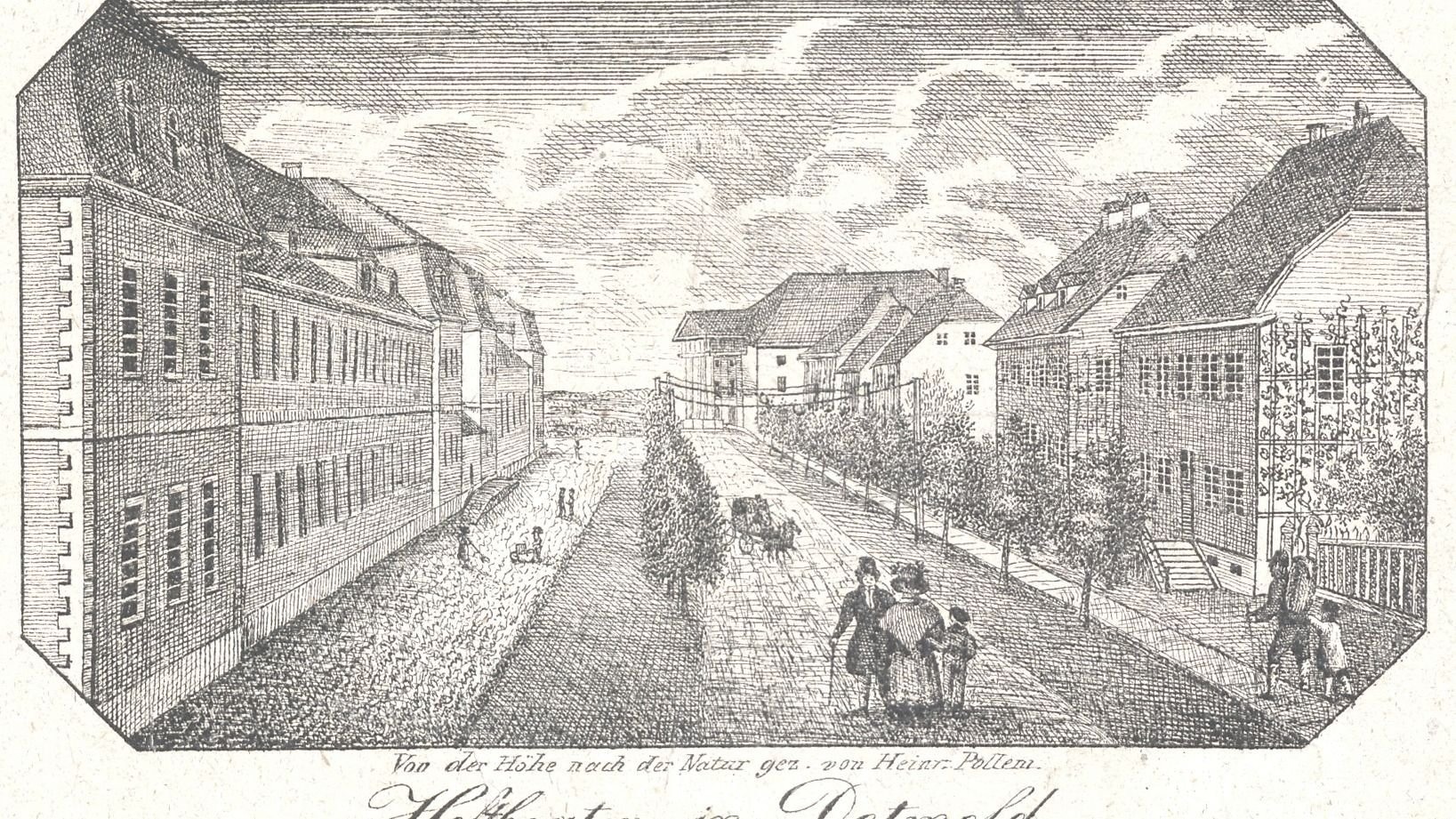 Eine belebte Straße in Detmold mit mehrstöckigen Gebäuden, Spaziergängern, Bäumen und einer Pferdekutsche