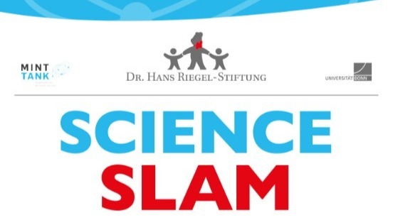 Plakat für einen Science Slam mit Logos der Dr. Hans Riegel-Stiftung, MINT Tank und Universität Bonn