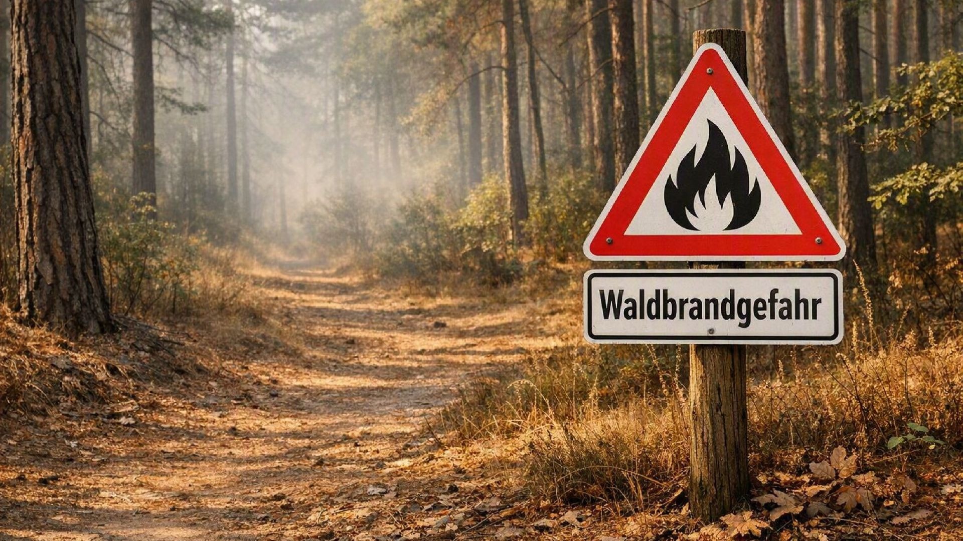 Warnschild "Waldbrandgefahr" mit Flammen-Symbol an einem trockenen Waldweg zwischen hohen Bäumen im Herbst