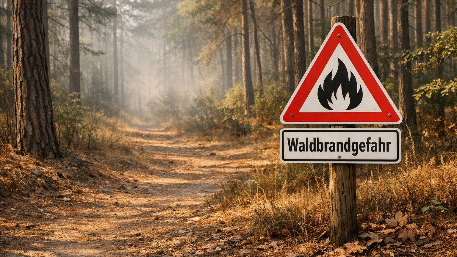 Warnschild mit schwarzem Flammen-Symbol und Schriftzug 'Waldbrandgefahr' an einem trockenen Waldweg