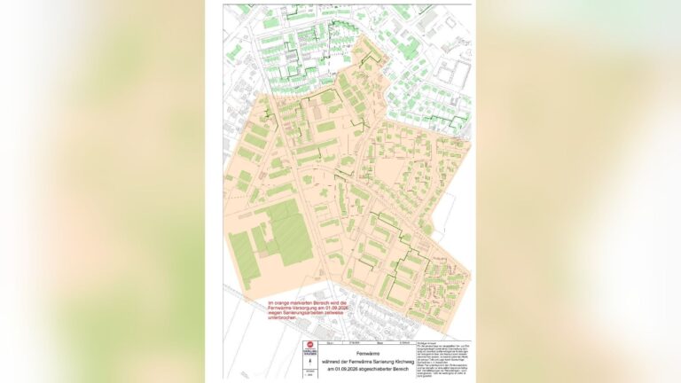 Stadtplan Oerlinghausen: Orange markiert den Bereich der Fernwärmeunterbrechung am 01.09.2026 wegen Sanierungsarbeiten