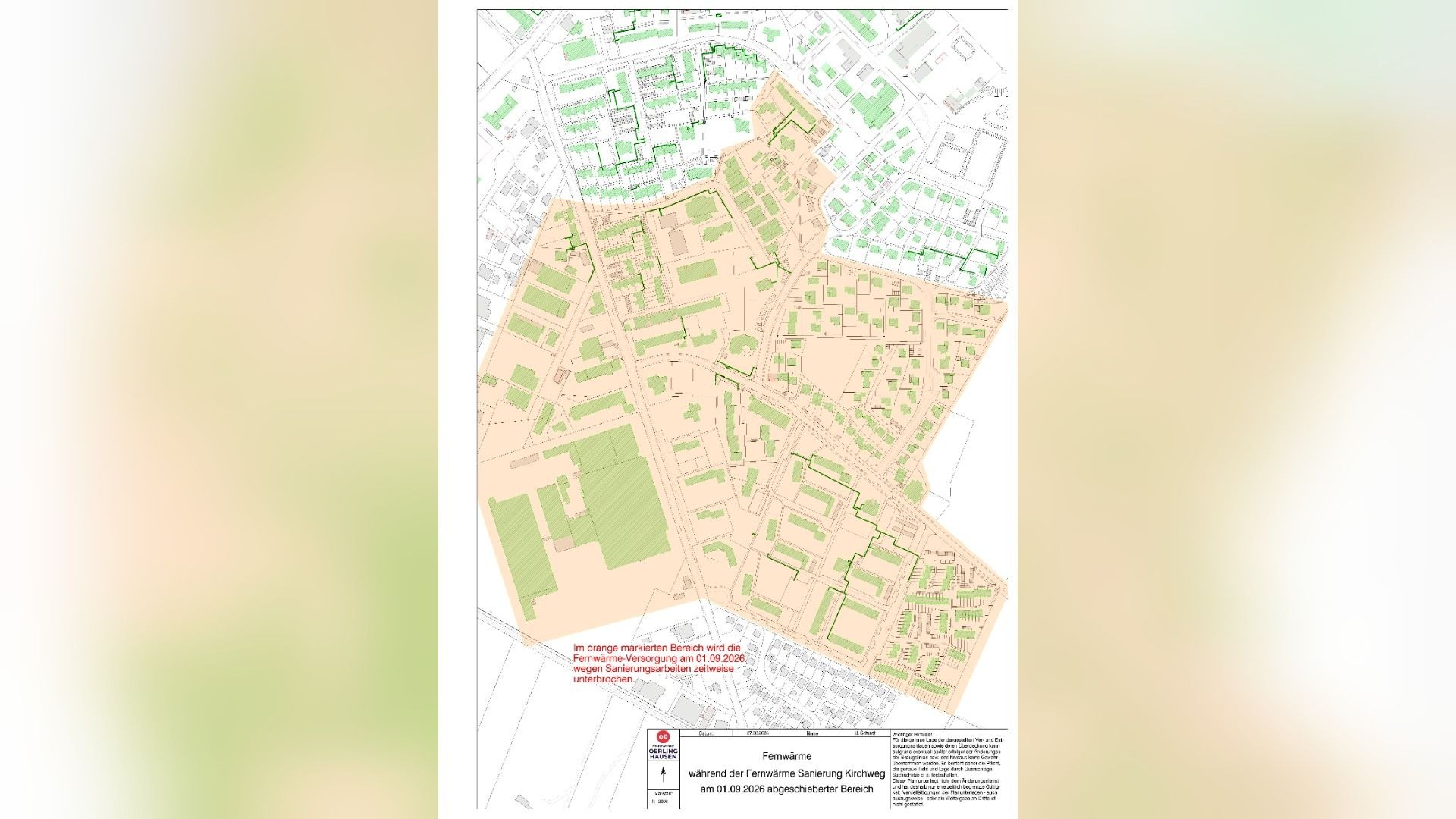 Stadtplan Oerlinghausen: Orange markiert den Bereich der Fernwärmeunterbrechung am 01.09.2026 wegen Sanierungsarbeiten