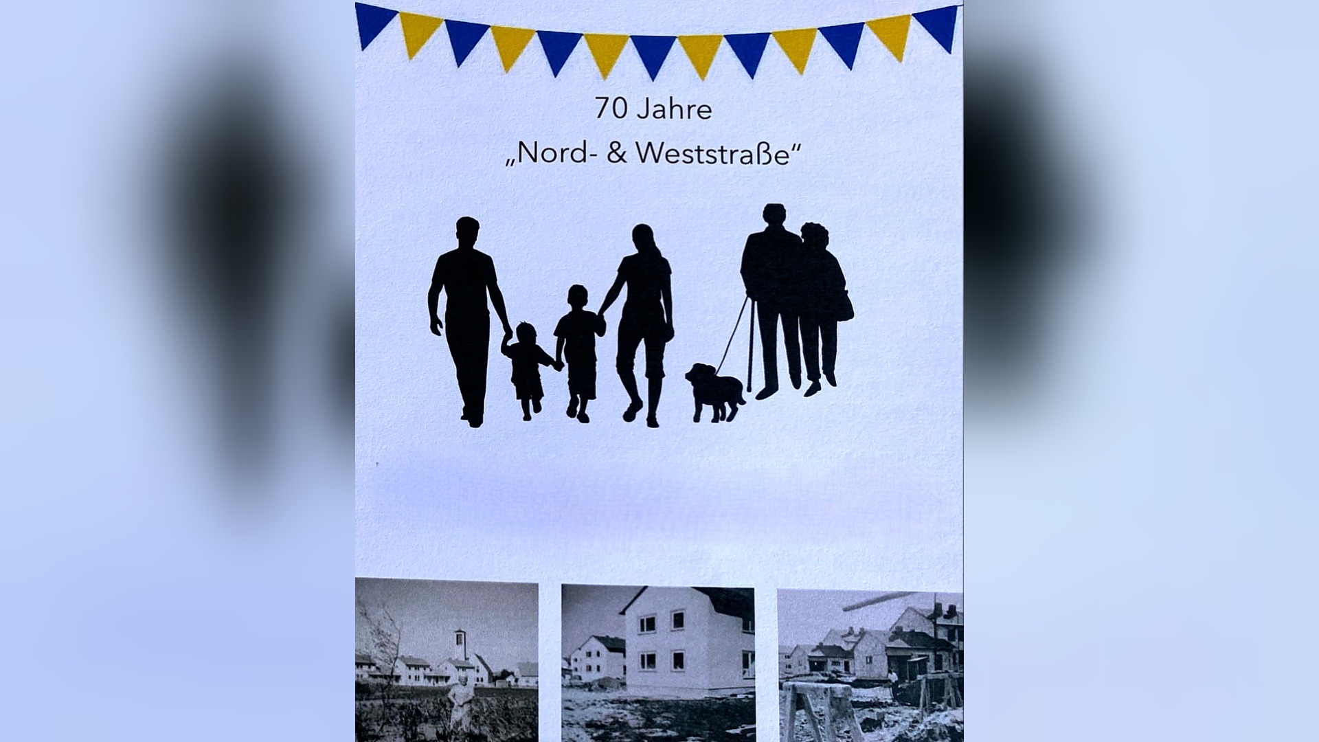 Plakat zum Siedlungsfest 2026: 70 Jahre Nord- & Weststraße, Familien-Silhouetten und historische Häuserbilder