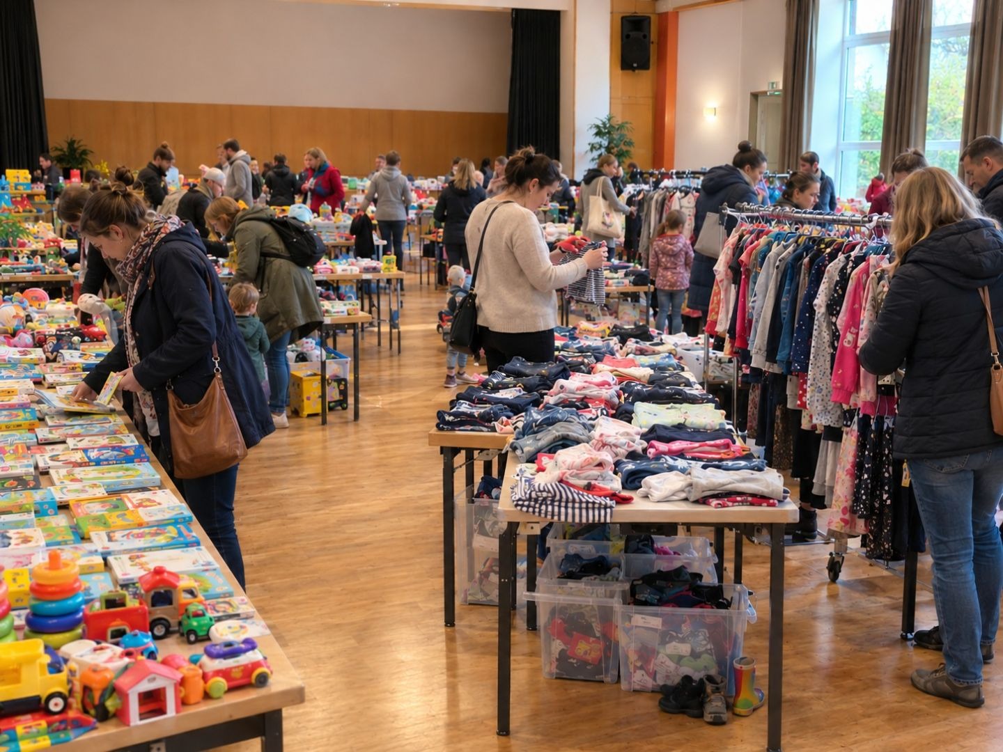 Zahlreiche Erwachsene und Kinder stöbern an Tischen voller Kleidung, Spielzeug und Büchern auf einem Kinderflohmarkt in