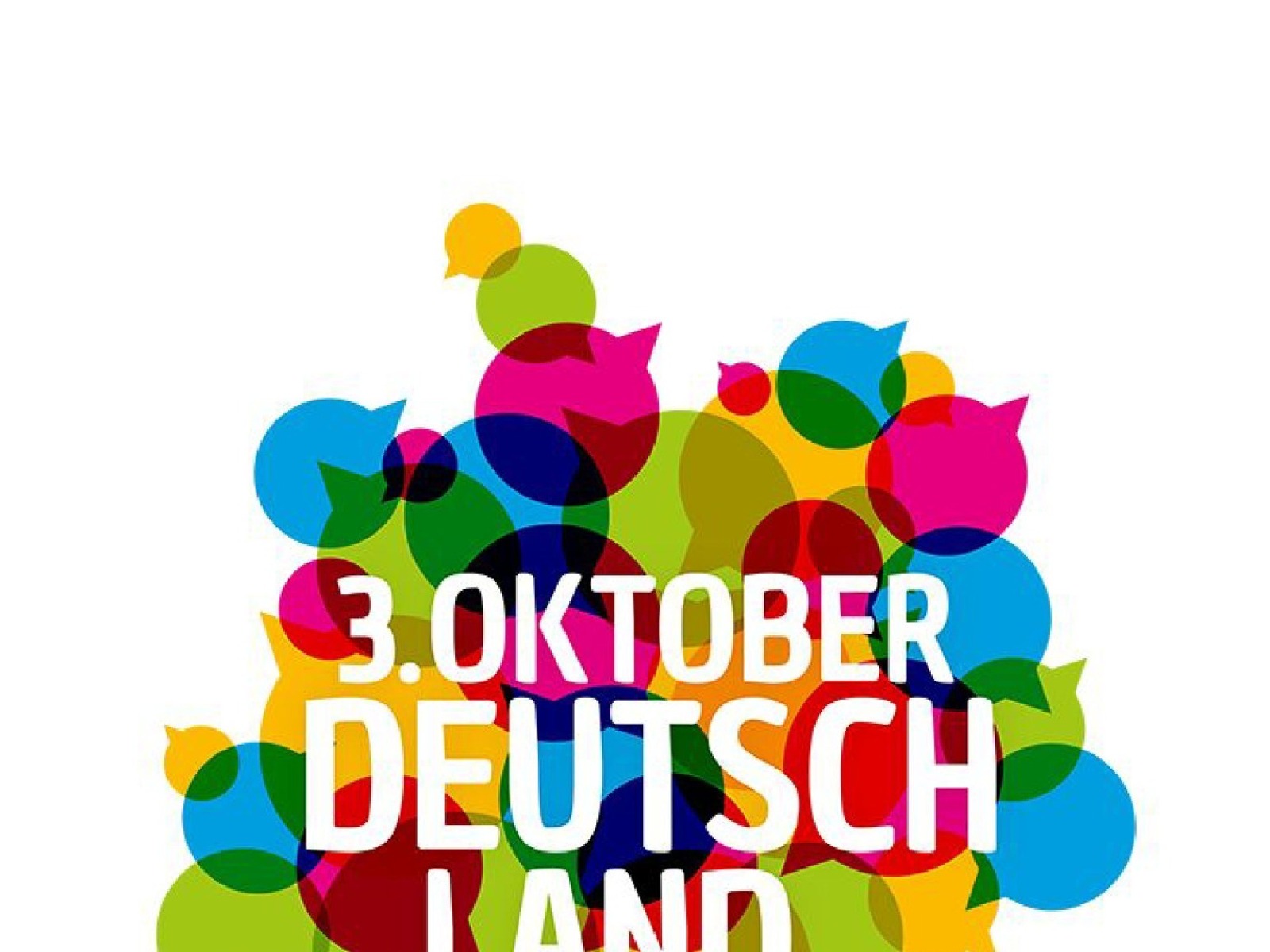 Weißer Schriftzug 3. Oktober Deutschland singt und klingt auf vielen bunten Sprechblasen als Umriss Deutschlands
