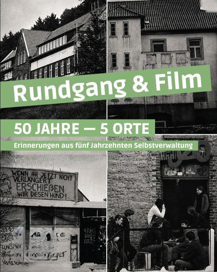 Collage von Gebäuden, jungen Menschen und Zeichen von Jugendkultur, überlagert von grünen Textfeldern