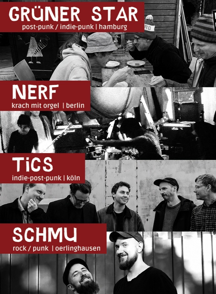 Vier kleine Bandfotos, darunter Musiker in verschiedenen Szenen und ein Soundtechniker, mit Konzertdetails für KNUP