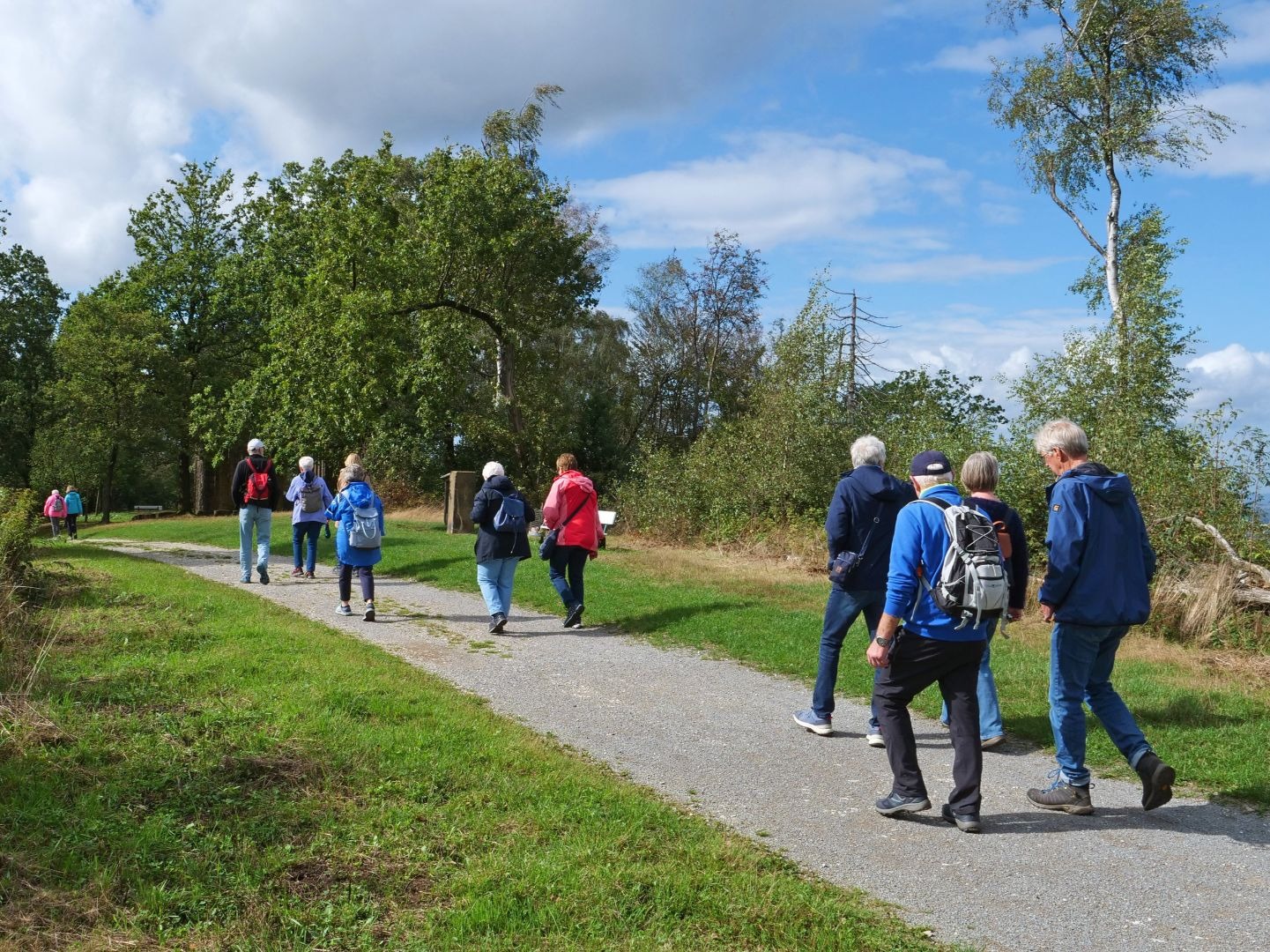 Eine Gruppe Wanderer geht auf einem Schotterweg durch eine grüne Landschaft mit Bäumen unter blauem Himmel