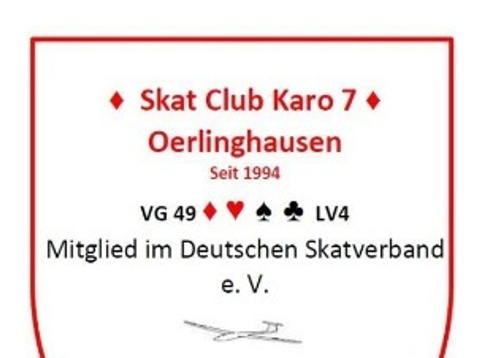 Rotes Wappen des Skat Club Karo 7 Oerlinghausen mit Schriftzug, Skatsymbolen und Segelflugzeug-Silhouette
