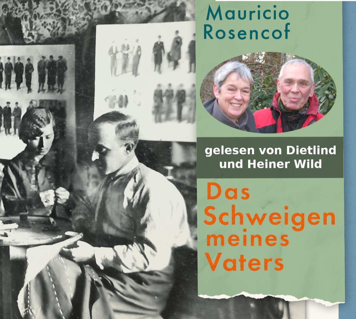 Historisches Schwarz-Weiß-Foto von Mann und Frau beim Nähen, überlagert von Plakat mit Porträt von Dietlind und Heiner