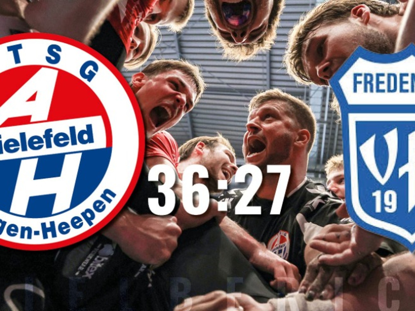 Jubelnde Spieler von TSG A-H Bielefeld mit den Logos von Bielefeld und Fredenbeck sowie dem Ergebnis 36:27
