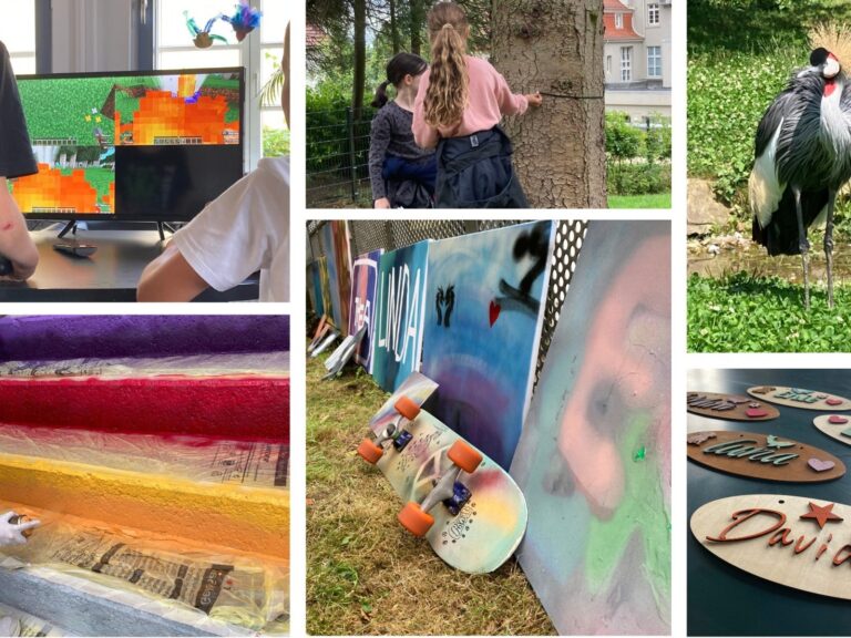 Kinder spielen Videospiel, Mädchen am Baum, Stufen werden besprüht, Kranich im Gras, Skateboard und Leinwände,