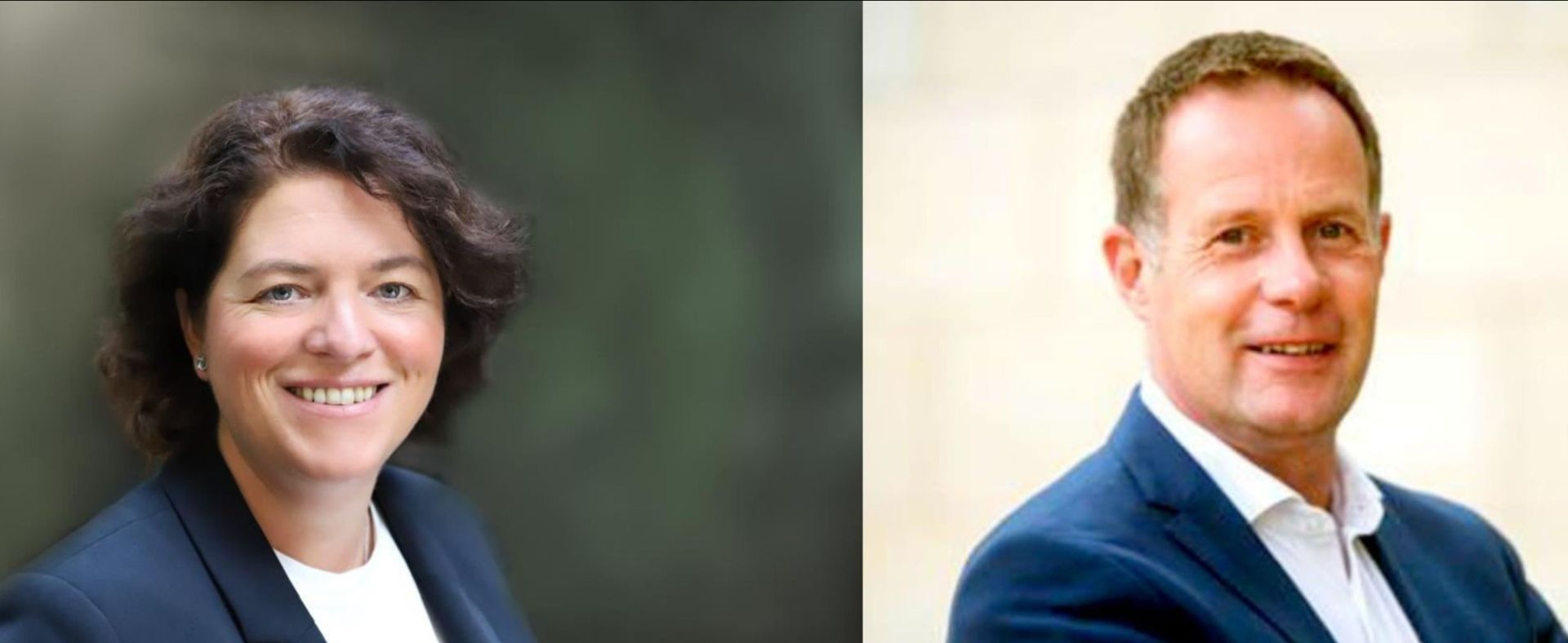 Die lächelnde Frau Vieregge mit dunklen Locken und der lächelnde Mann Hansen mit kurzem hellem Haar schauen frontal