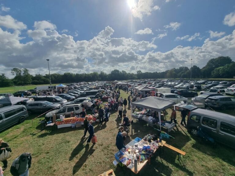 Großer Flohmarkt auf einer Wiese mit vielen Autos, Marktständen und Menschen unter blauem Himmel mit Wolken in