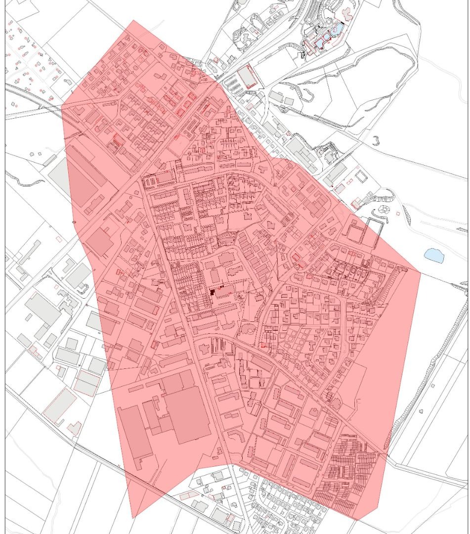 Stadtplan des Stadtteils Südstadt von Oerlinghausen, dessen bebaute Fläche rot markiert ist