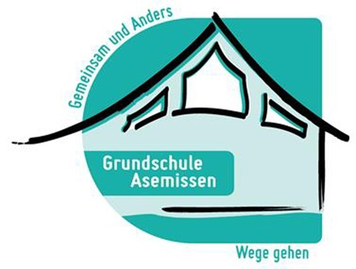 Logo der Grundschule Asemissen mit stilisiertem Haus und den Slogans Gemeinsam und Anders sowie Wege gehen