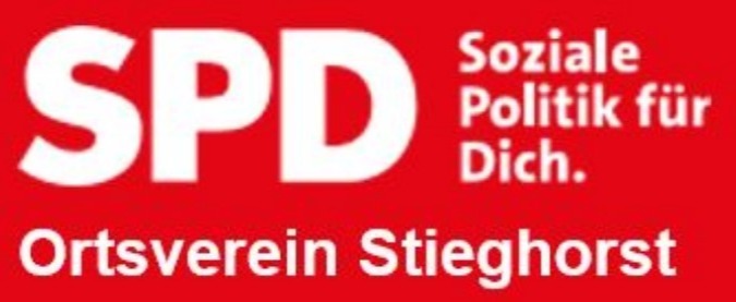 SPD Ortsverein Stieghorst Logo in Weiß auf Rot mit dem Schriftzug Soziale Politik für Dich