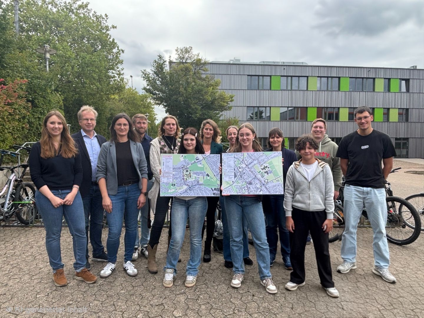 Eine Gruppe von Personen steht draußen vor einer Schule, zwei Frauen halten Karten mit Schulwegen in die Kamera