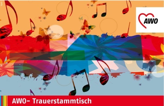 AWO-Logo, Musiknoten und Schmetterlinge auf farbigen Flächen und Splattern, darunter der Text "AWO- Trauerstammtisch