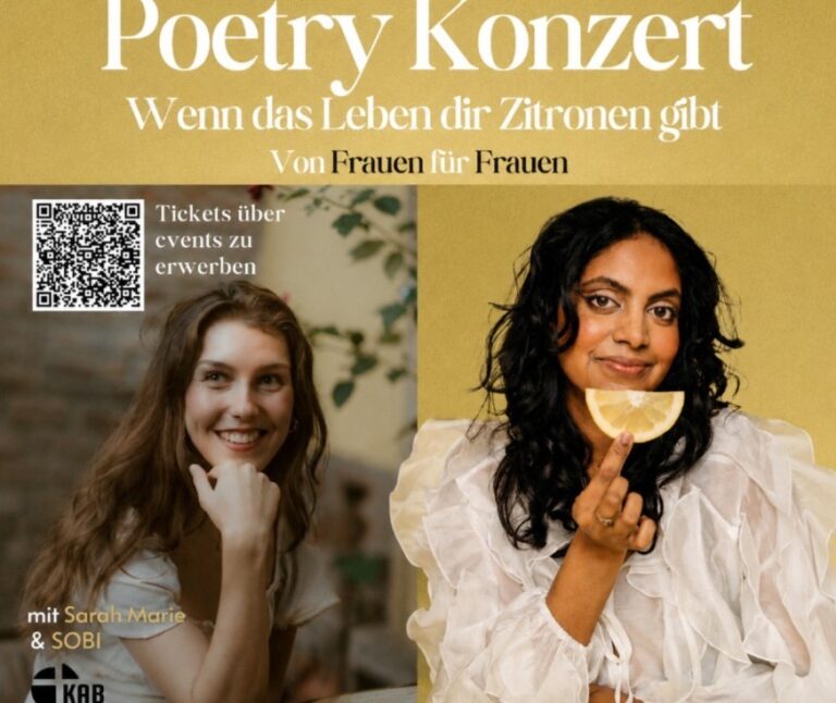 Sarah Marie lächelt und blickt nach rechts, SOBI hält eine Zitronenscheibe, auf einem Plakat für ein Poetry Konzert