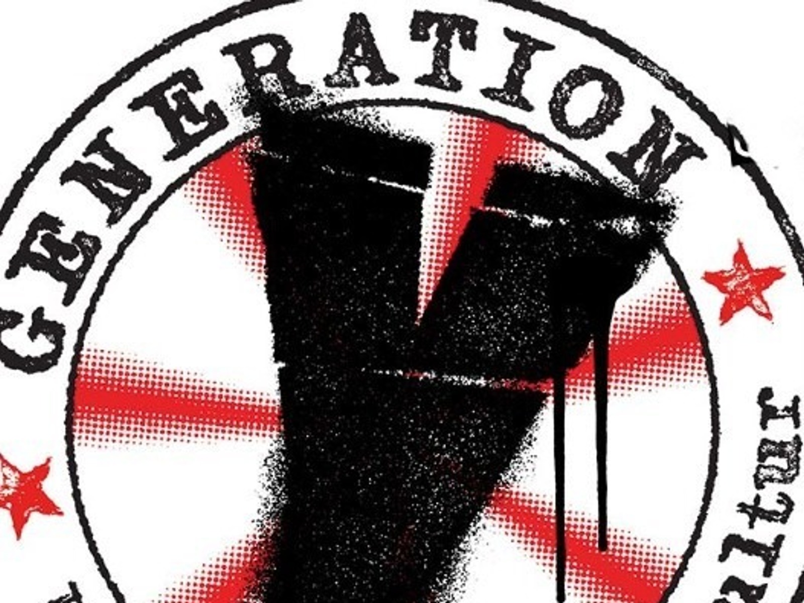 Rundes Logo mit einem tropfenden schwarzen Y, rotem Strahlenmuster und der Aufschrift Generation Update einer Subkultur