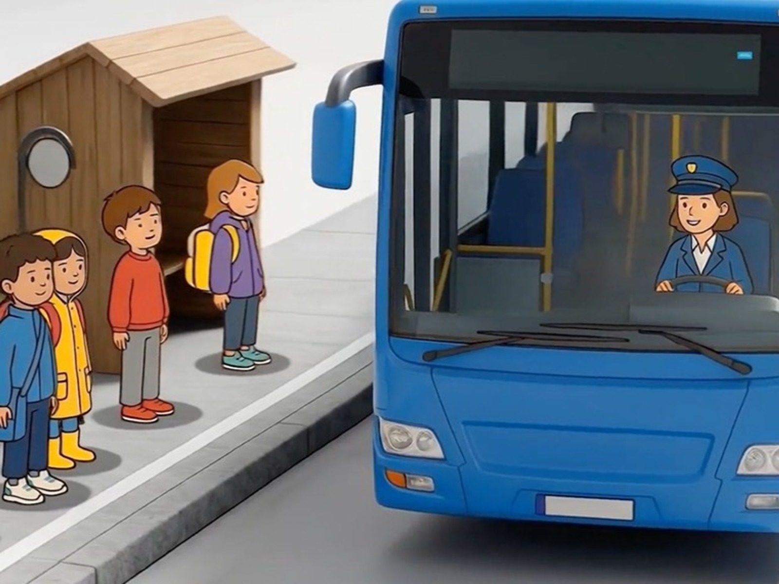 Fünf Kinder warten an einer Bushaltestelle auf einen blauen Bus mit lächelnder Fahrerin am Steuer