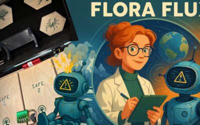 Offene Rätselbox mit Tierbildern und Schlössern, daneben Wissenschaftlerin Flora Flux mit Robotern, Erde und Windrädern
