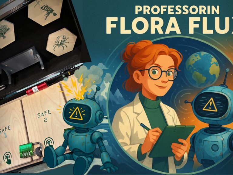 Offene Rätselbox mit Tierbildern und Schlössern, daneben Wissenschaftlerin Flora Flux mit Robotern, Erde und Windrädern