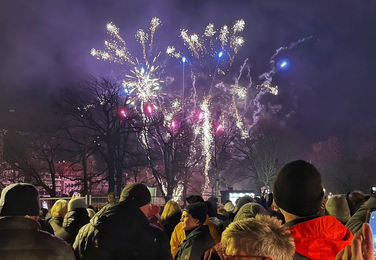 Menschenmenge blickt in den dunklen Nachthimmel, wo bunte Feuerwerkskörper über kahlen Bäumen explodieren