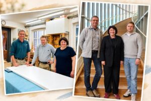 Ellen Stock mit zwei Tischlern zuerst in einer Werkstatt und dann im Landtag NRW