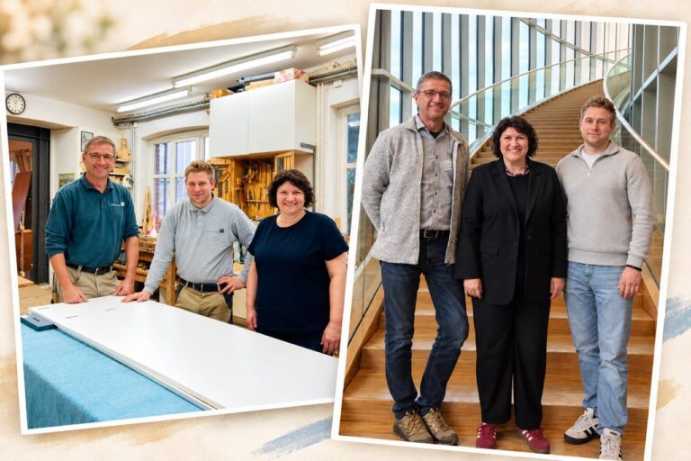 Ellen Stock mit zwei Tischlern zuerst in einer Werkstatt und dann im Landtag NRW