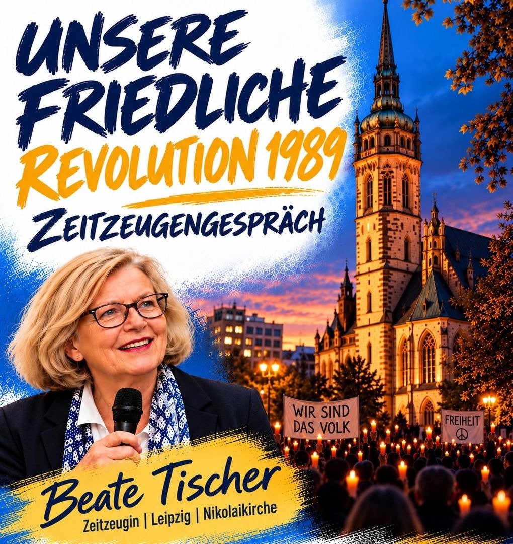 Beate Tischer mit Mikrofon vor der Leipziger Nikolaikirche, davor Menschenmenge mit Kerzen und Transparente
