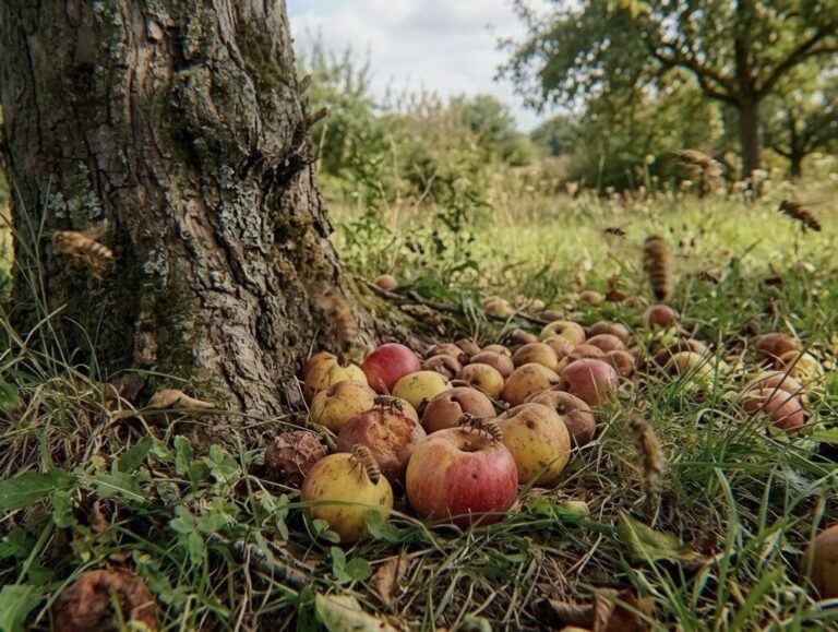 Zahlreiche heruntergefallene, teils angefaulte Äpfel liegen im Gras am Fuße eines Baumes, mehrere Bienen umschwirren