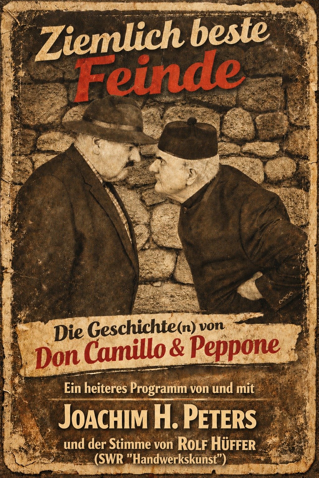 Zwei Männer, Don Camillo und Peppone, blicken sich vor einer Steinwand ernst an