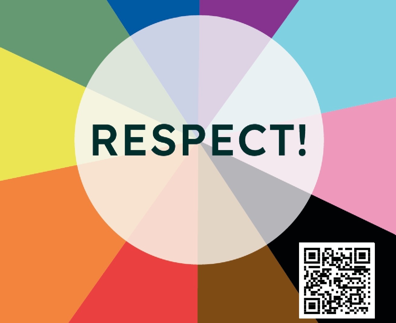 Mehrfarbiger Hintergrund mit zentralem transparenten Kreis, der "RESPECT!" und einen QR-Code enthält