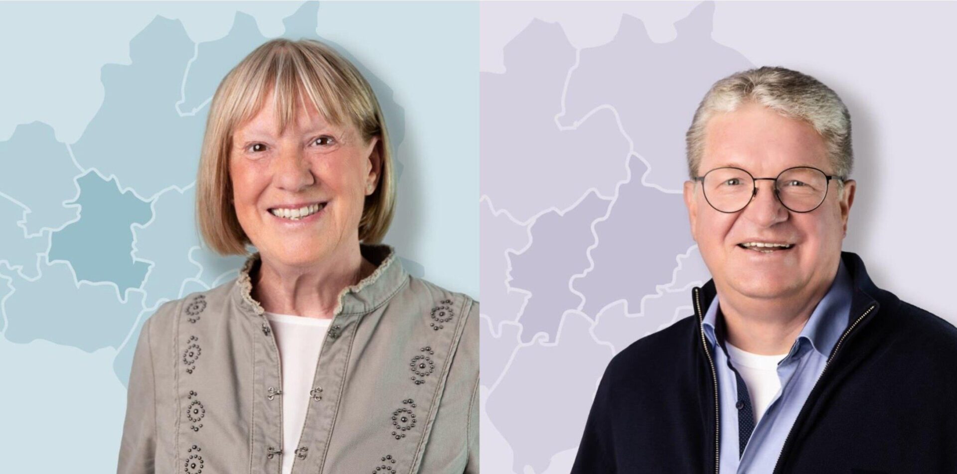 Zwei lächelnde Personen, eine Frau mit blonder Kurzhaarfrisur und ein Mann mit Brille, vor Landkartenumrissen