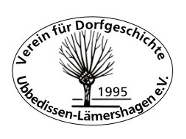 Ovales Logo des Vereins für Dorfgeschichte Ubbedissen-Lämershagen e.V. mit stilisiertem Baum und der Jahreszahl 1995