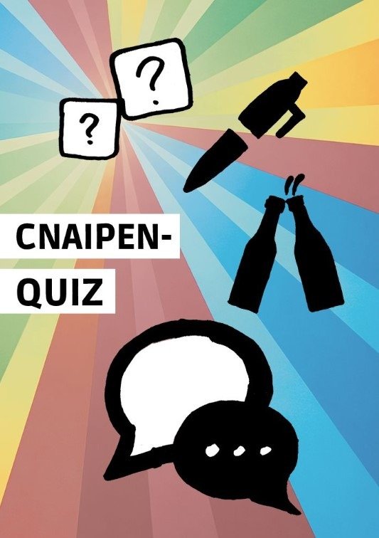 Zwei Fragezeichen-Quadrate, ein Marker, zwei anstoßende Bierflaschen, Sprechblasen und der Schriftzug CNAIPEN-QUIZ